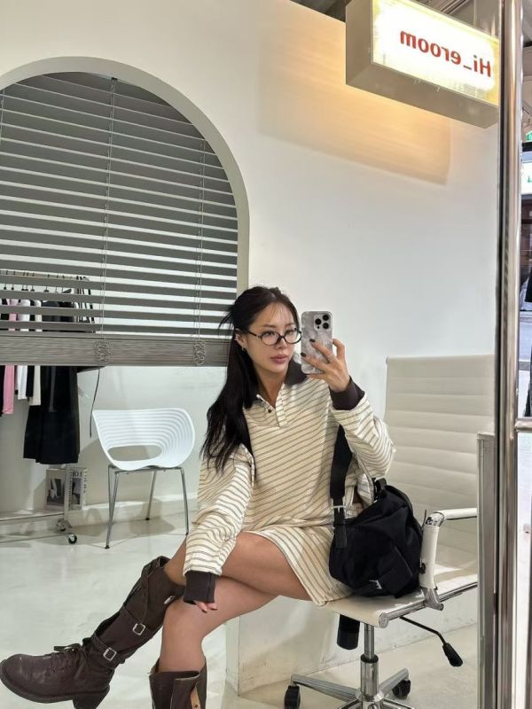 拼色細條紋POLO上衣/鈕扣條紋短裙 