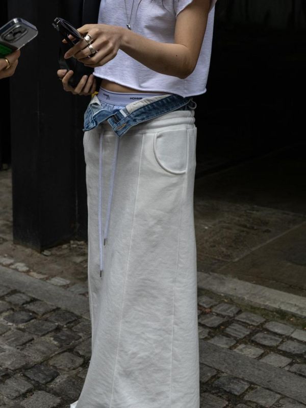 牛仔拼接抽繩棉質長裙 