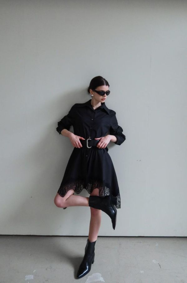 下擺蕾絲不規則襯衫洋裝 