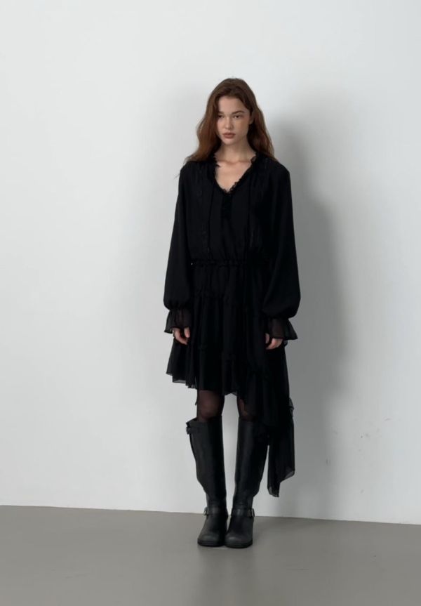 花邊斜邊襯衫洋裝 