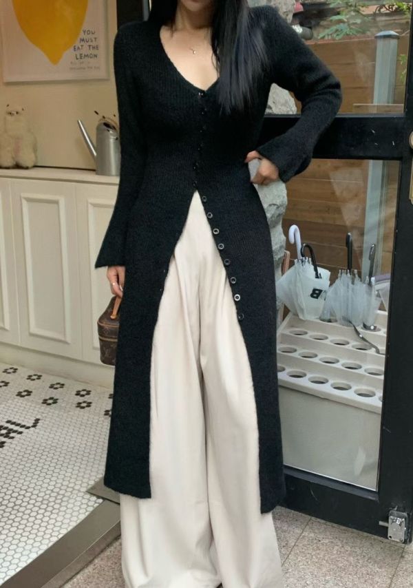 V領排釦開衩針織洋裝 