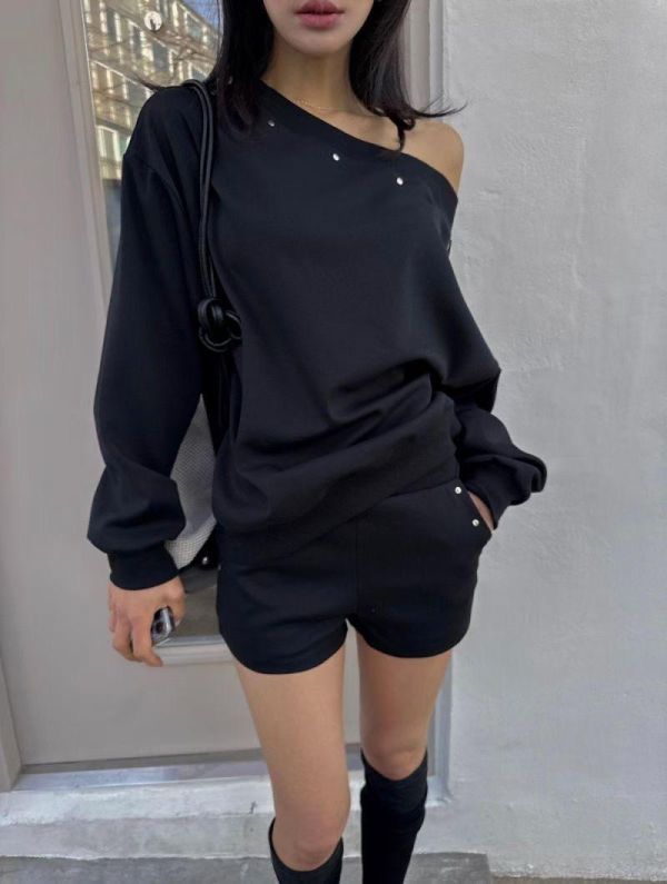 設計感斜肩上衣+短褲SET 