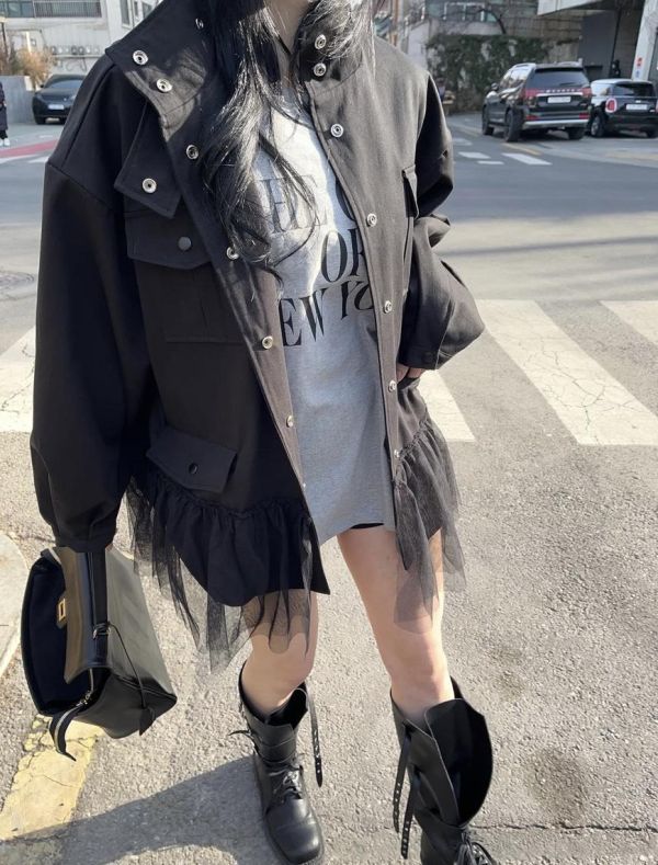 下擺網紗拼接立領風衣外套 