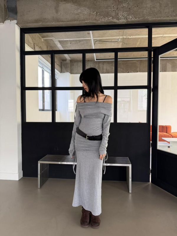 翻領露肩上衣+皺褶顯瘦長裙Set 