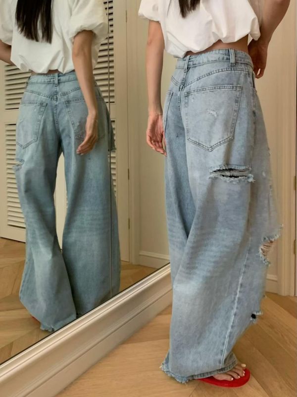 摺腰頭割破高腰牛仔褲 