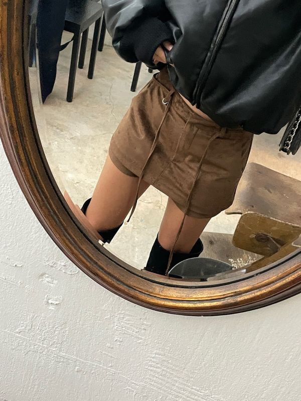 復古雙層麂皮絨短褲裙 