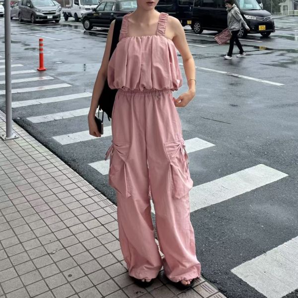 前綁帶鬆緊肩帶雲朵背心/抽繩綁帶口袋花花紋路長褲 