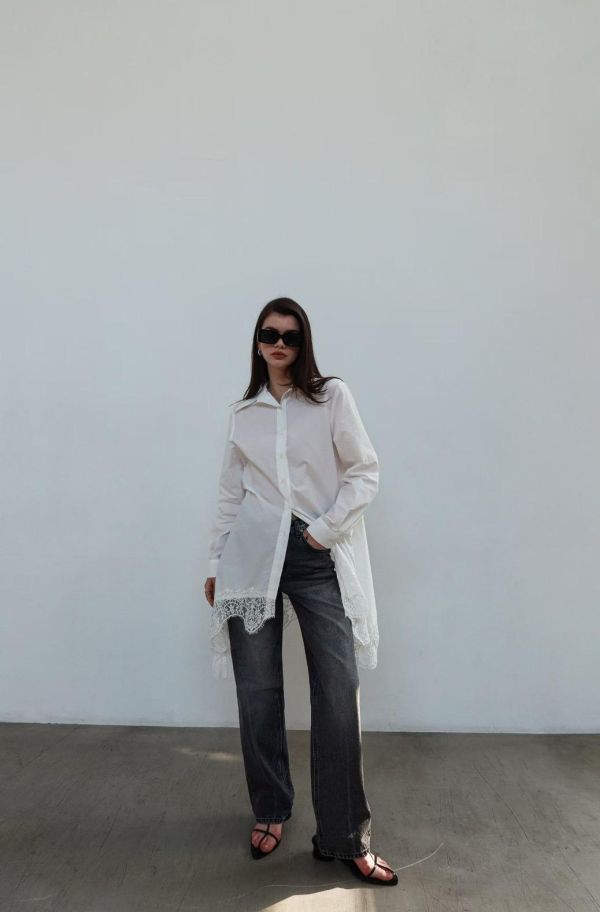 下擺蕾絲不規則襯衫洋裝 