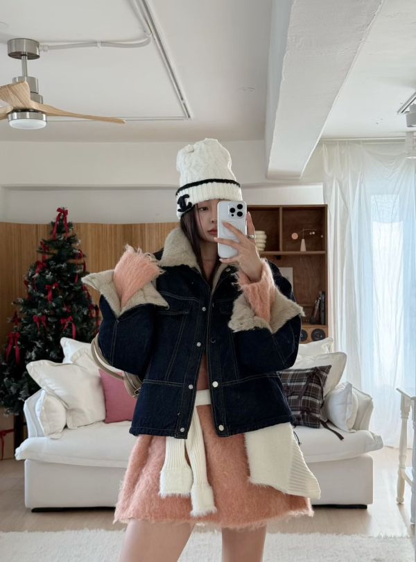 毛絨翻領牛仔外套 