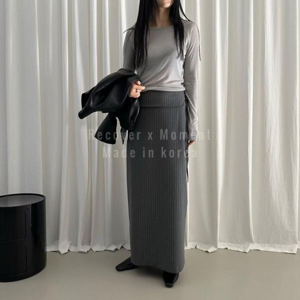 翻領側綁顯瘦條紋西裝裙 