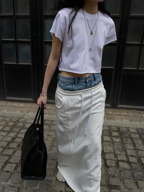 牛仔拼接抽繩棉質長裙 