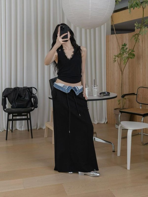 牛仔拼接抽繩棉質長裙 