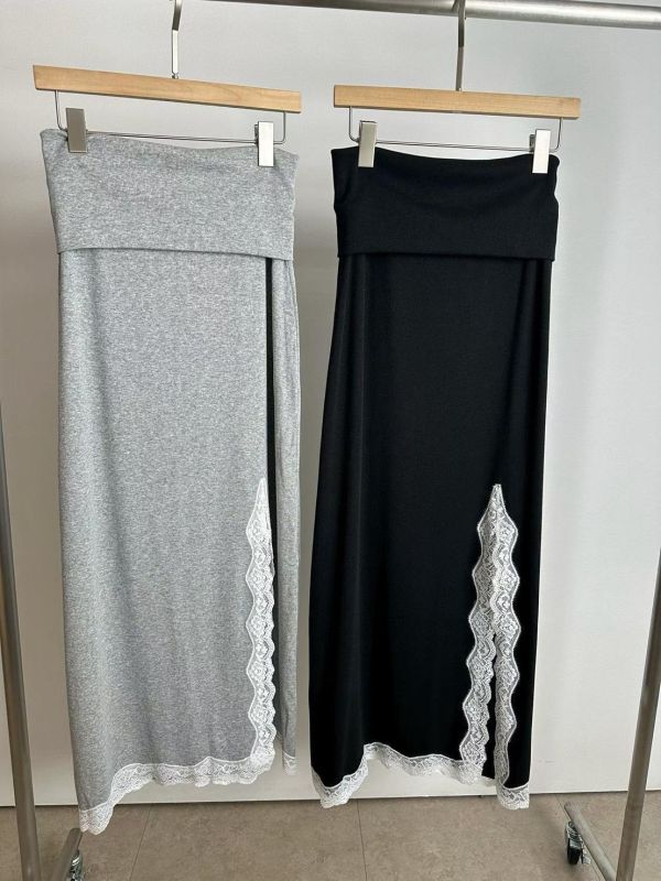 反摺腰頭側開衩蕾絲棉裙 