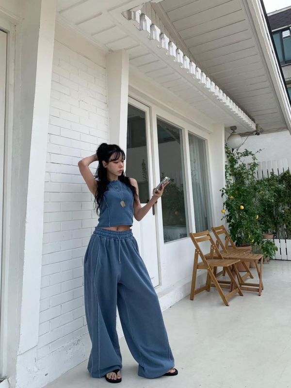 洗色外縫線壓扣背心/洗色外縫線薄毛巾棉長褲 