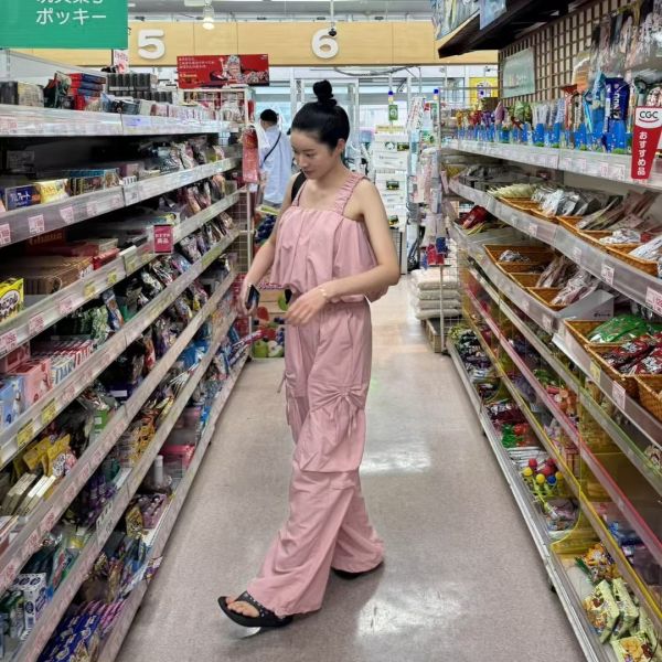 前綁帶鬆緊肩帶雲朵背心/抽繩綁帶口袋花花紋路長褲 