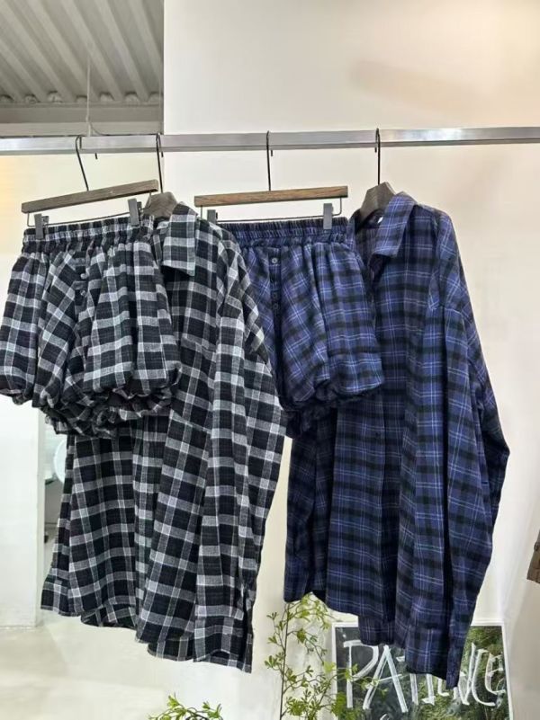 休閒格子襯衫+花苞短褲Set 