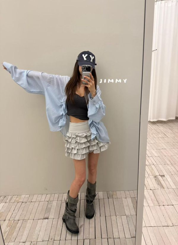 條紋皺褶抽繩襯衫外套 