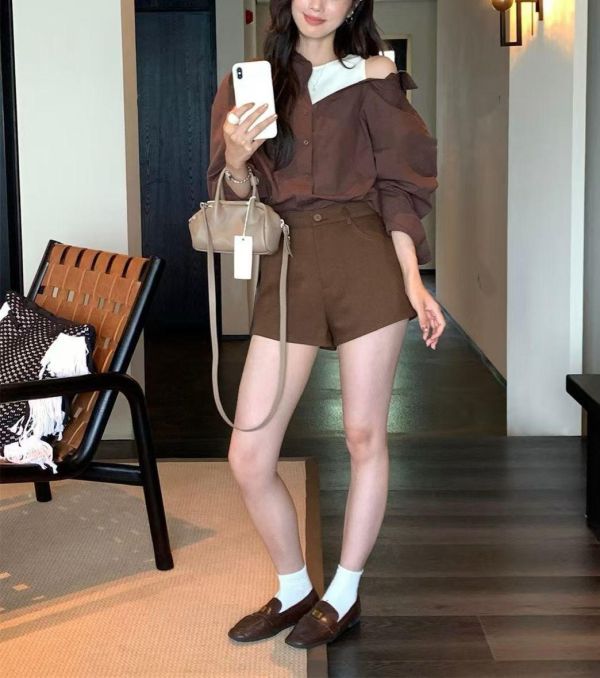 拼接露肩長袖襯衫 