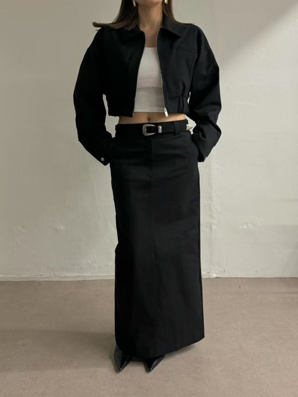 後開衩直筒牛仔長裙 