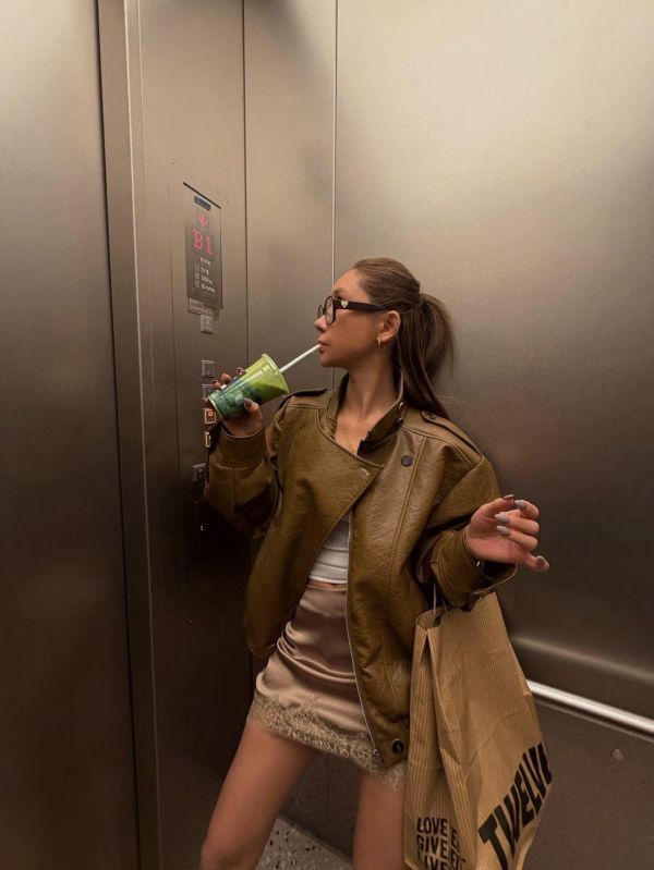 立領兩扣皮外套 