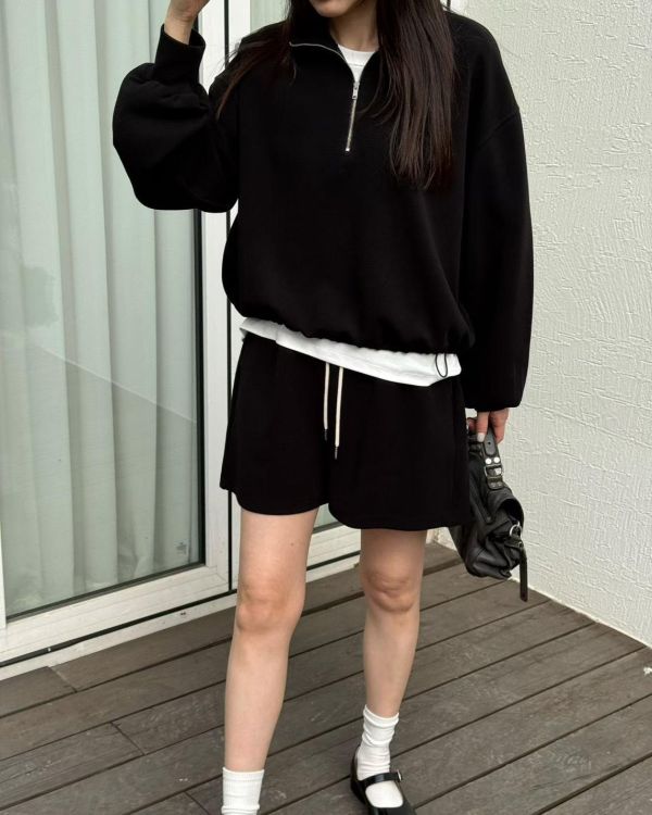 半拉鍊抽繩短款上衣 