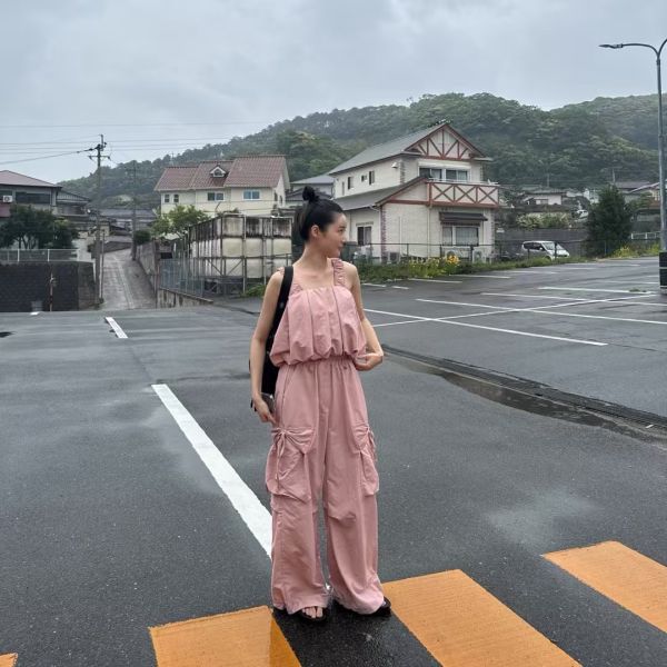 前綁帶鬆緊肩帶雲朵背心/抽繩綁帶口袋花花紋路長褲 