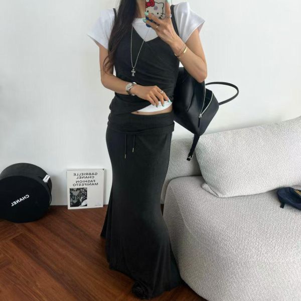 反摺抽繩棉質長裙(春夏款) 