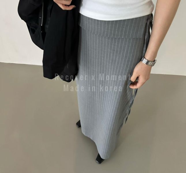 翻領側綁顯瘦條紋西裝裙 