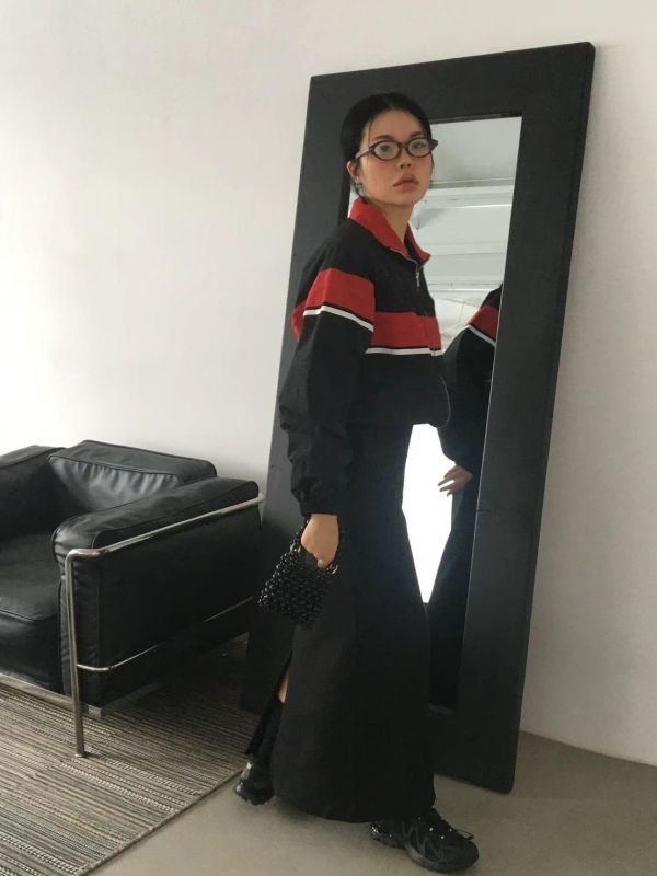 拼色條紋立領拉鍊外套 