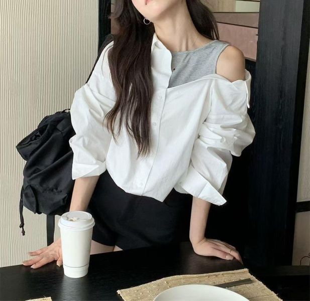拼接露肩長袖襯衫 
