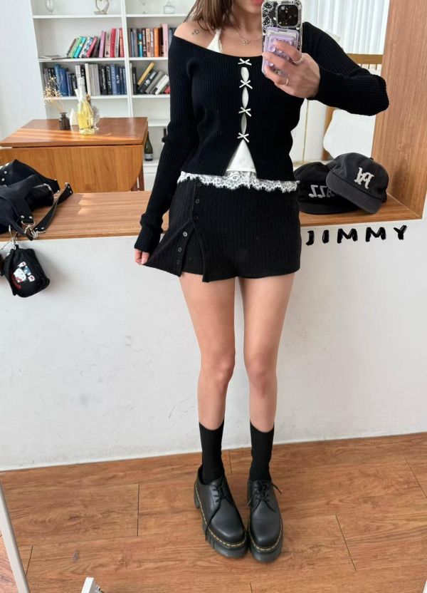 毛料開衩彈性褲裙 