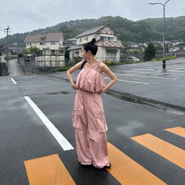 前綁帶鬆緊肩帶雲朵背心/抽繩綁帶口袋花花紋路長褲 