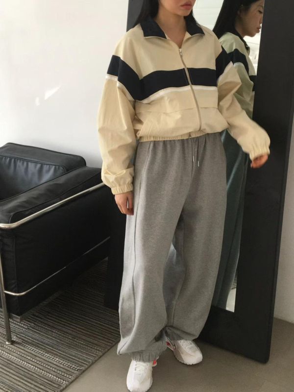 拼色條紋立領拉鍊外套 