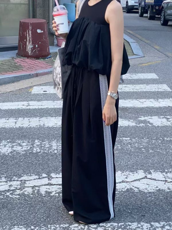 鬆緊腰顯瘦拚條休閒褲 