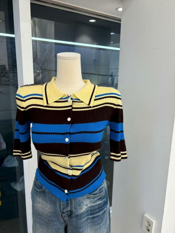 五分袖條紋針織POLO衫 