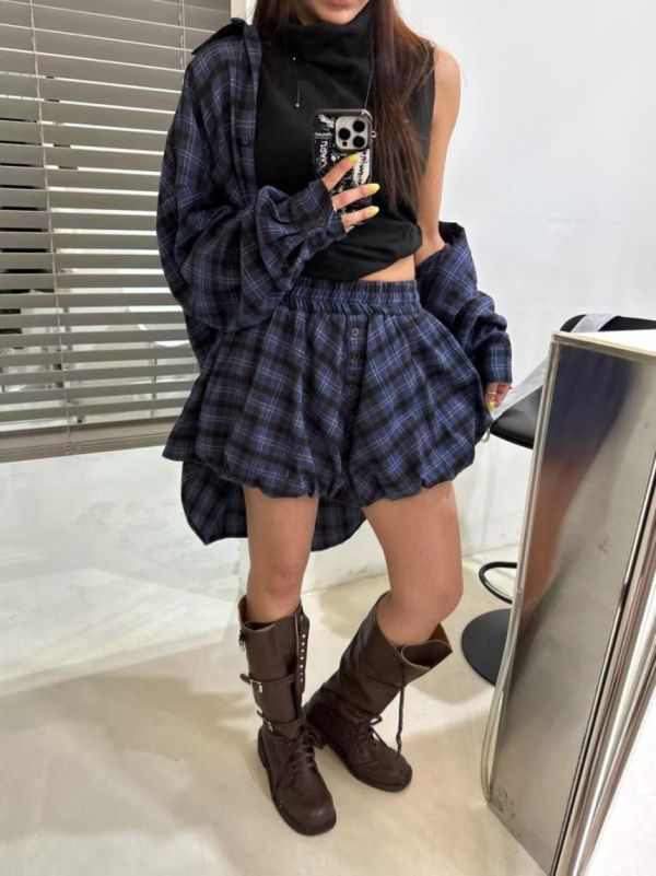 休閒格子襯衫+花苞短褲Set 