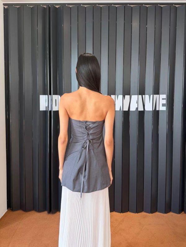 平口西裝拼百摺長洋裝 