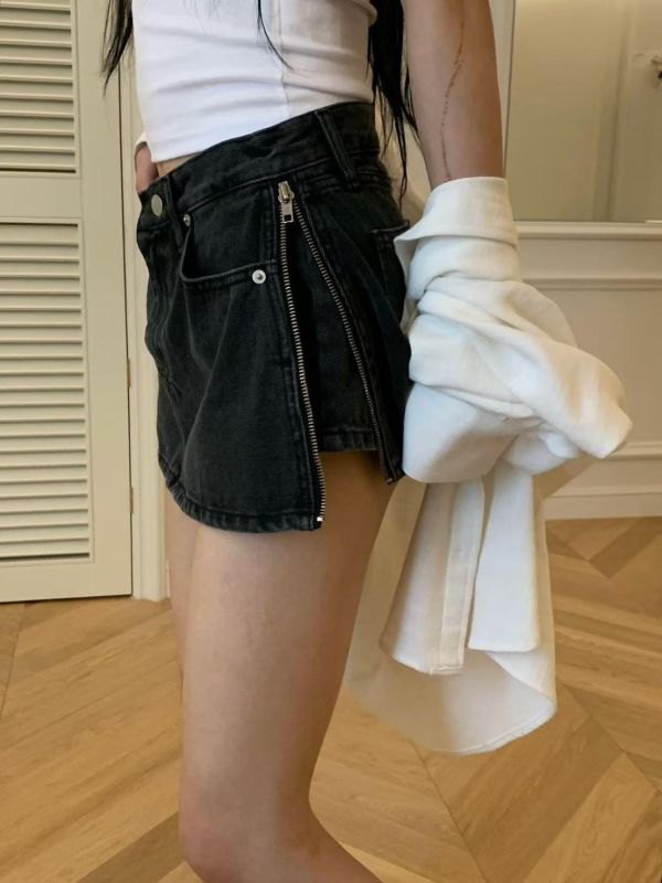 側拉鍊迷你牛仔短褲裙 