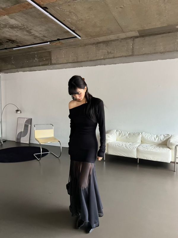 極美法式拚接斜領洋裝 