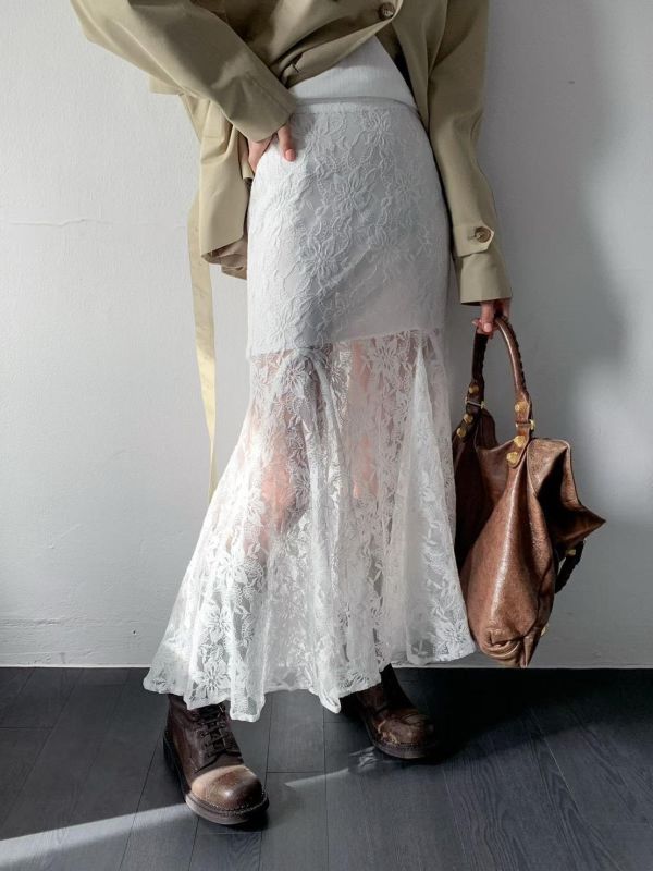 古董蕾絲花透膚魚尾裙 