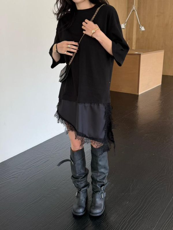 棉質拼蕾絲連身洋裝 