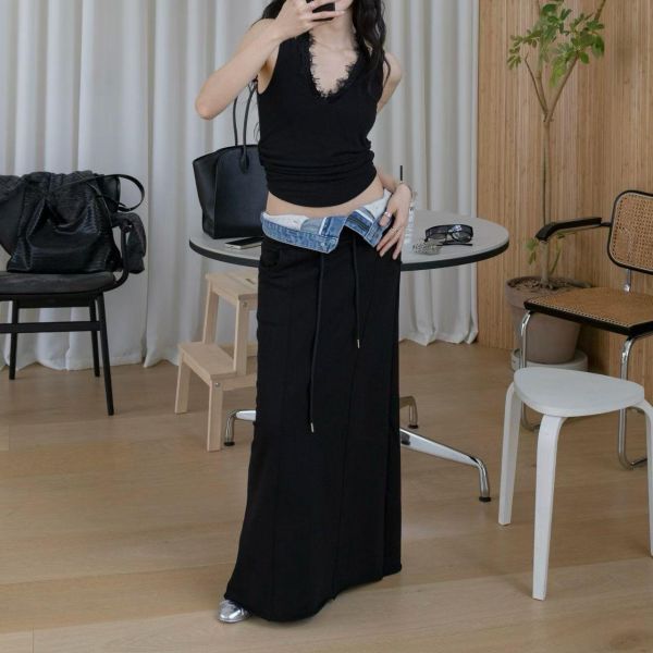 牛仔拼接抽繩棉質長裙 