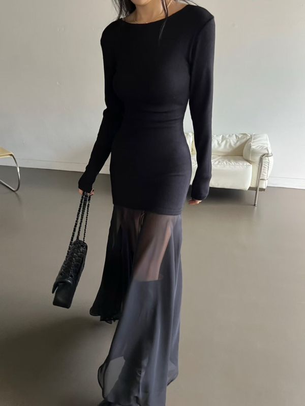 極美法式拚接斜領洋裝 