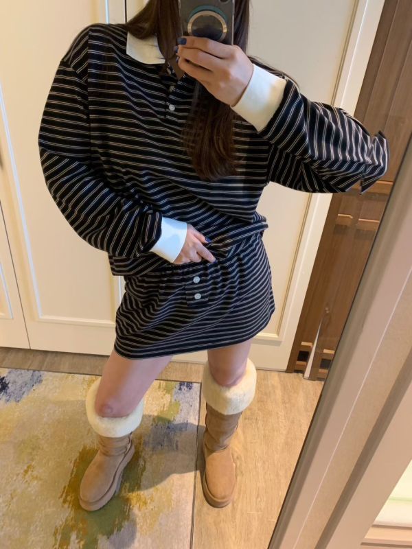 拼色細條紋POLO上衣/鈕扣條紋短裙 