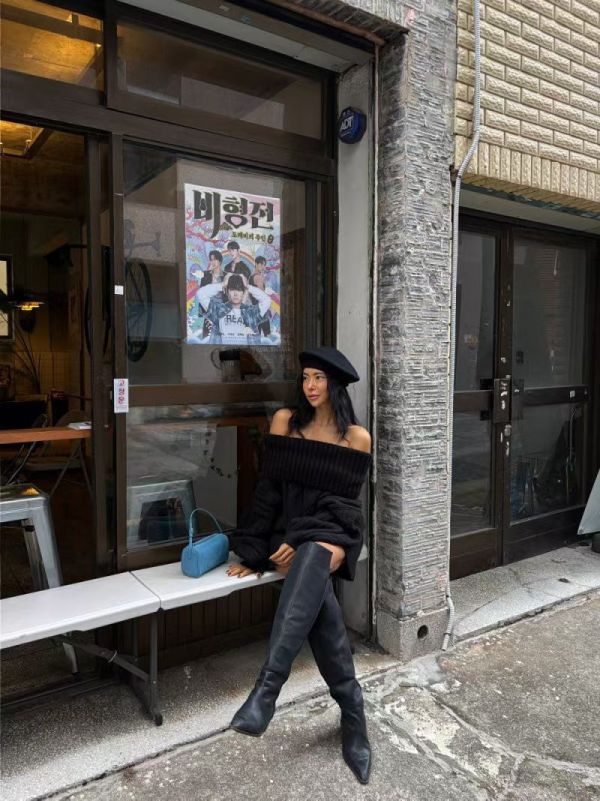 一字領麻花寬鬆毛衣上衣 