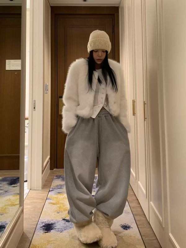 磨白油漆寬鬆抽繩加絨休閒褲 