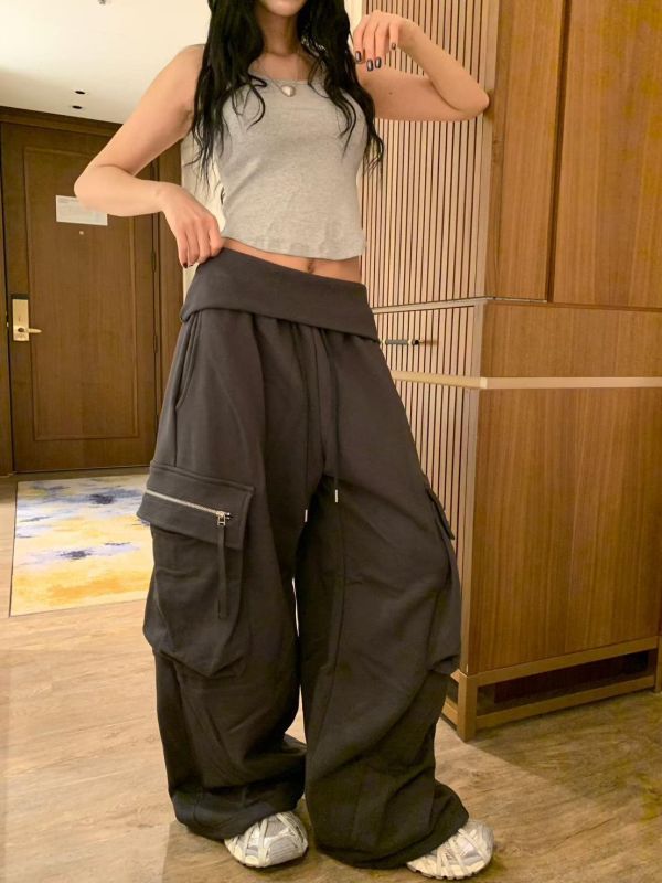 反摺褲頭薄毛巾工裝兩穿縮腳棉長褲 