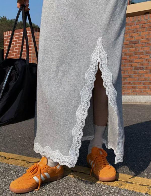 反摺腰頭側開衩蕾絲棉裙 