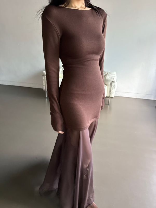 極美法式拚接斜領洋裝 