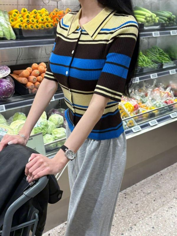 五分袖條紋針織POLO衫 